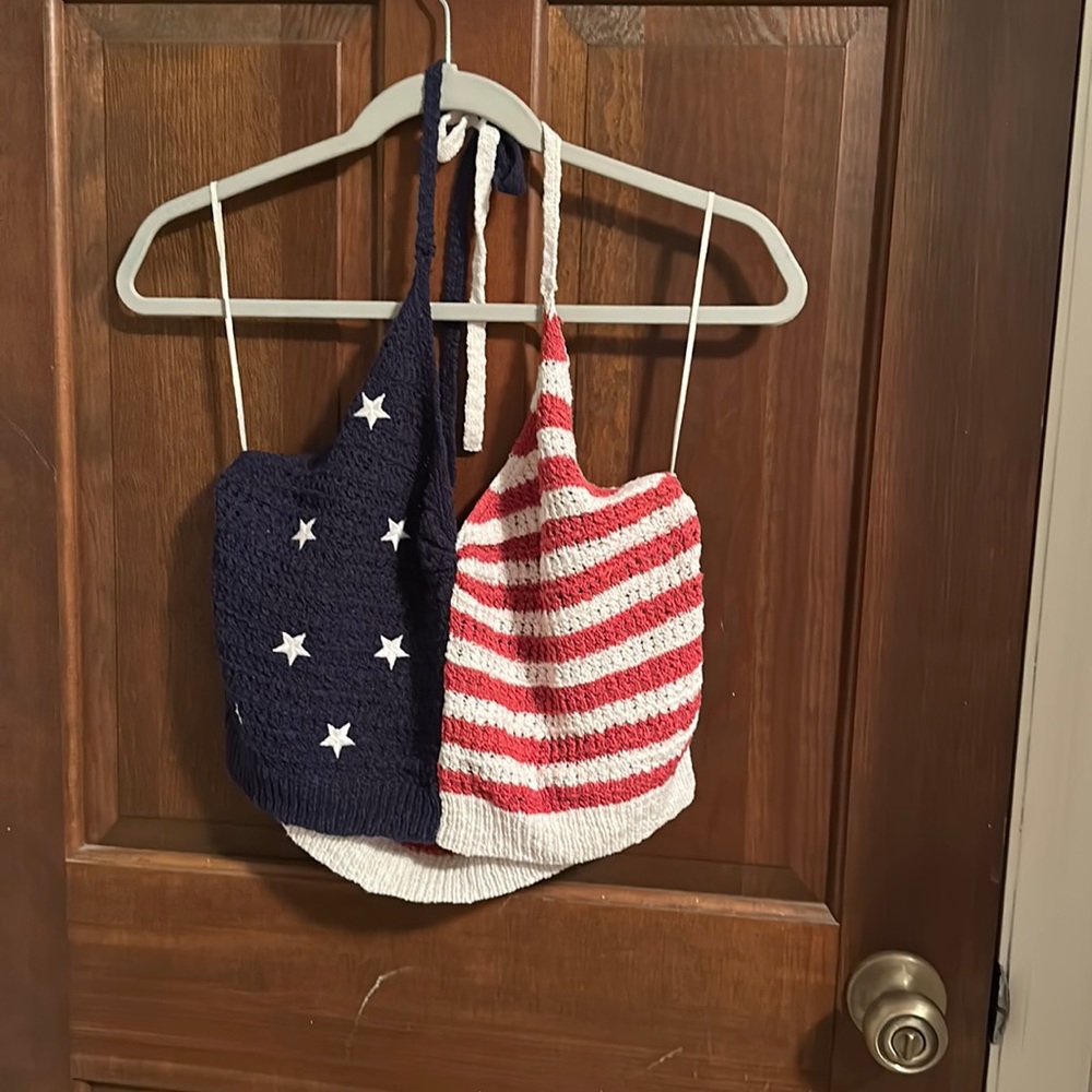 American Eagle American Flag crocheted crop top